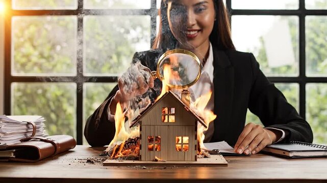 Woman Investigating Burning Model House with Magnifying Glass on Office Desk