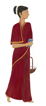Middle aged woman wearing a saree holding a book, rosary and a basket of flowers | Vanaprastha Ashrama | Sadhana | Stages of Life