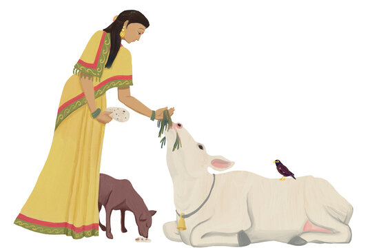 Lady in a yellow Saree feeding a cow, dog and bird or Bhoota Yagnam | Grhasta Ashrama | Sadhana | Stages of Life