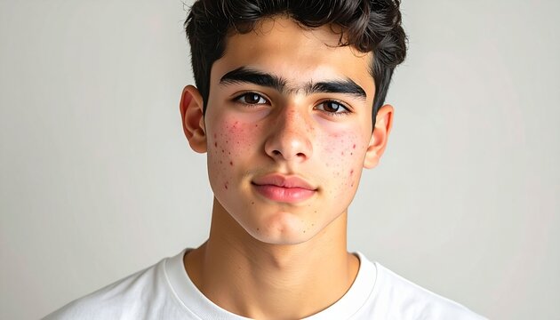 Close-Up Portrait of Teen or Young Adult with Mild Acne on Cheeks and Forehead, Natural Skin Texture