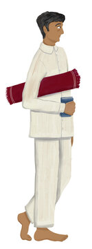 Middle aged man holding prayer mat and book | Vanaprastha Ashrama | Sadhana | Stages of Life