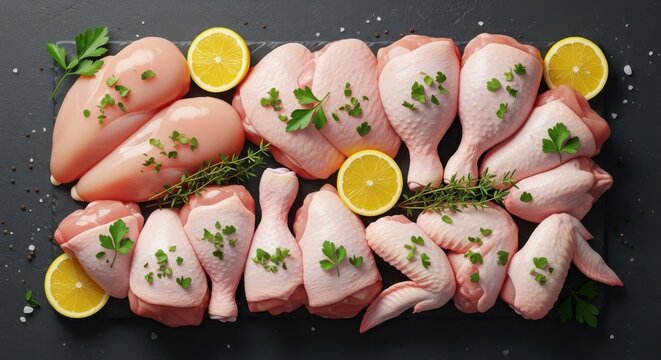 Raw chicken pieces with lemon and herbs displayed on a dark surface