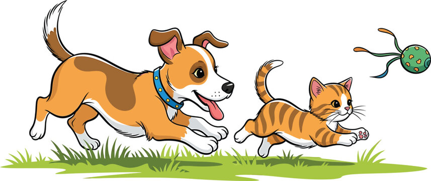 Playful Dog and Kitten Running with Ball in Cartoon Style