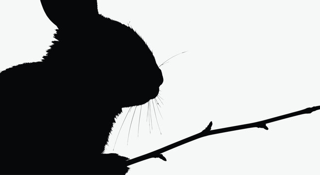  A minimalist silhouette of a rabbit's whiskered face, partially obscured by a branch, with a slight curve to the whiskers.
