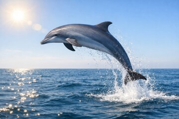 Fototapeta premium Dolphin's Graceful Leap: A captivating dolphin, full of energy and vitality, soars through the air, framed against a vast, radiant blue ocean and sky.