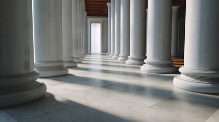 Obraz premium Sunlit marble colonnade with rows of classical pillars casting dramatic shadows on the polished floor