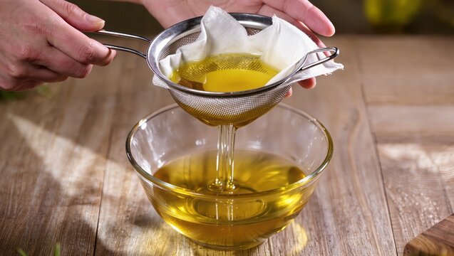 Hands filtering golden liquid oil through a fine mesh strainer lined with cloth into a clear glass bowl on a wooden kitchen countertop