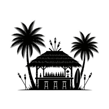 Tropical beach bar with palm trees and tiki torches in silhouette style