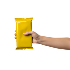 A hand holding a yellow package
