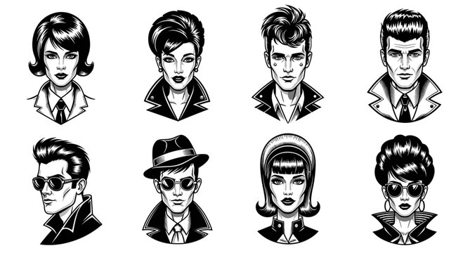 A captivating collection of retro-inspired character portraits, showcasing diverse hairstyles and fashion from the mid-20th century, rendered in a striking black and white comic book art style.