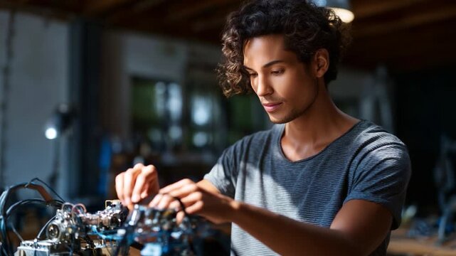 Focused individual working diligently on intricate machinery in a well-lit workshop, showcasing enthusiasm for technology and innovative problem-solving skills.