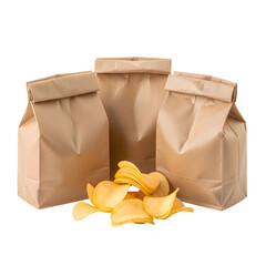Brown paper bags with potato chips on a white background