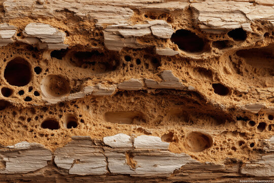 Close-up of decaying wooden texture with holes and cavities
