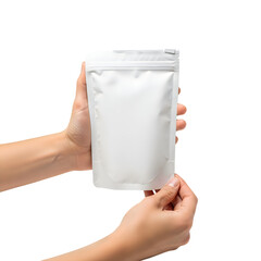 A person holding a white resealable pouch