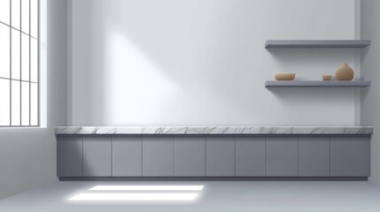 Fototapeta premium Modern minimalist kitchen interior with spacious countertop and natural light streaming through large window showcasing elegant shelf decor