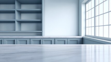 Fototapeta premium Bright and Modern Interior Space with Light Blue Shelves and Large Windows Perfect for Minimalist Decor Inspiration and Home Design Projects