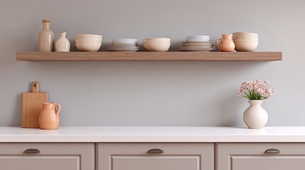 Modern Kitchen Shelf Arrangement with Minimalist Dishware, Wooden Elements, and Fresh Flowers in Elegant Neutral Tones