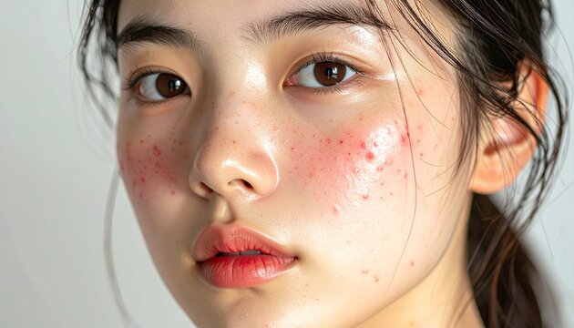 볼과 이마에 경미한 여드름이 있는 10대 또는 20대 인물의 자연스러운 피부 클로즈업