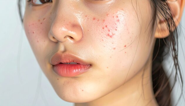 볼과 이마에 경미한 여드름이 있는 10대 또는 20대 인물의 자연스러운 피부 클로즈업