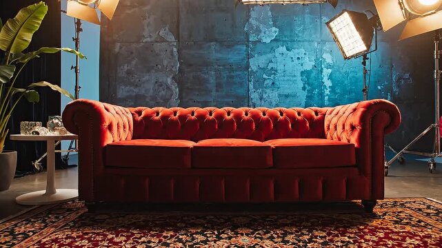Luxurious red sofa in a studio setting with professional lighting and textured rug