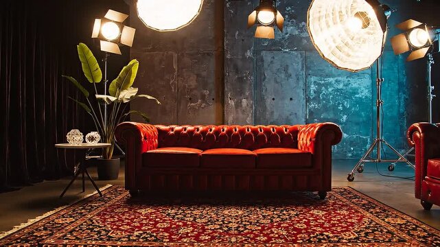 Luxurious red couch on patterned rug in a studio with dramatic lighting and plants