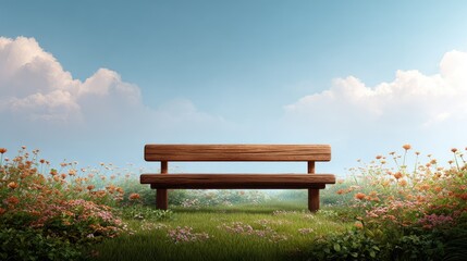 Fototapeta premium Serene Wooden Bench Surrounded by Vibrant Flowers and Lush Green Grass Under a Clear Blue Sky with Soft Fluffy Clouds