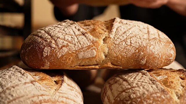 Stacked artisanal loaves dusted with flour in warm light