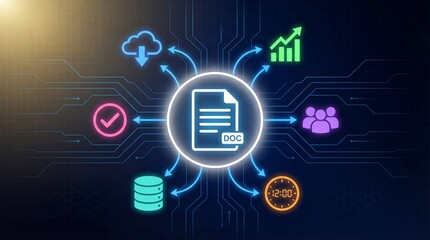 Obraz premium A futuristic digital document icon surrounded by various data and communication symbols on a dark circuit board background