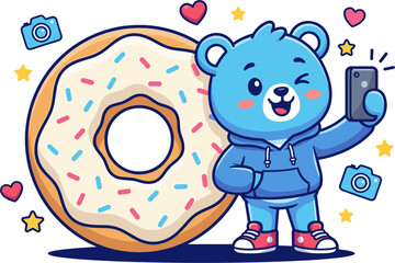 Naklejka premium Blue Bear Character Taking Selfie With Giant Donut And Cameras