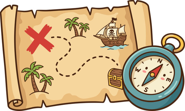 Pirate Treasure Map With Compass And X Marks The Spot Illustration