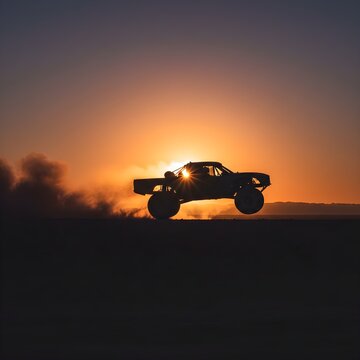 Heavy Duty Trophy Truck Silhouette Mid Air Over Jagged Desert Ridge Off Road Racing Adventure Action Wallpaper