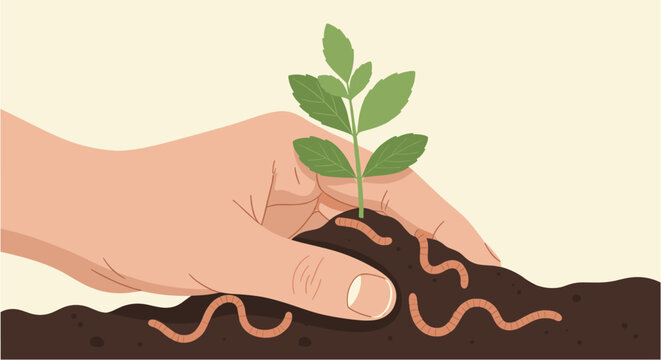 A hand gently plants a small green seedling into rich, dark soil, with earthworms visible, symbolizing growth, nature, and sustainable gardening practices.