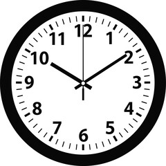 Analog clock illustration showing time 10:10:00, white face, black hour markers, three black hands, circular design with border.