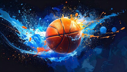 Fototapeta premium A basketball surrounded dynamic blue and orange splashes