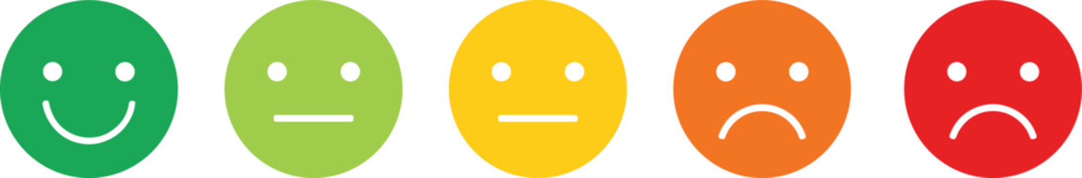 Five colored face icons showing emotions, satisfaction scale from happy green smile to red frown, survey feedback illustration.