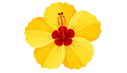 A vibrant, fully bloomed tropical flower with large, overlapping yellow petals surrounding a deep red center. The stamens are prominently visible