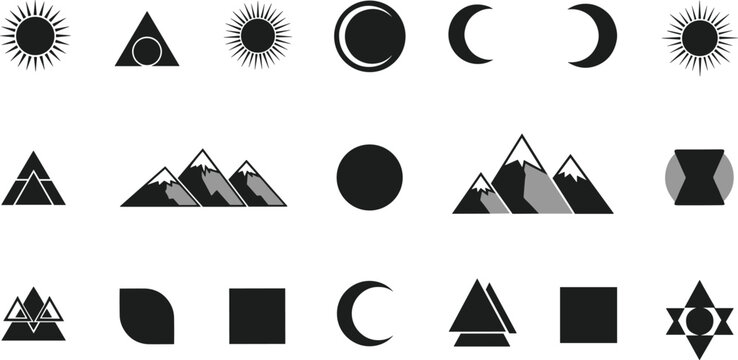 Black and white vector illustration of abstract geometric icons including sun, moon, mountains, triangles, squares, circles, and star-like shapes