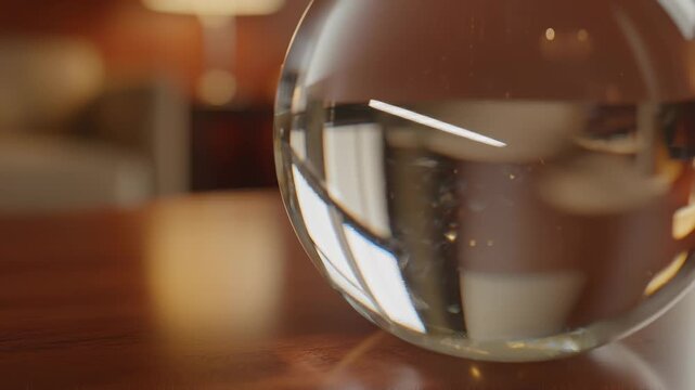 Close-Up of a Crystal Ball on a Wooden Surface, Reflection and Bokeh
