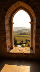 Fototapeta premium Stone arch window vineyard rolling hills sunlight countryside scenic landscape rural tranquil autumn