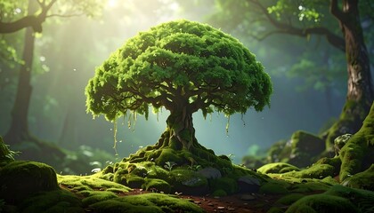 Lush, sunny forest scene with a magnificent, moss-covered tree