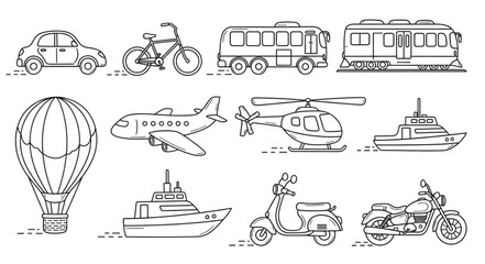 Collection of Hand Drawn Transportation Vehicles and Aircraft.