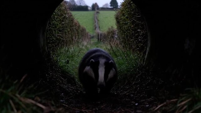 A badger emerges from a dark tunnel into a grassy field on a gloomy day