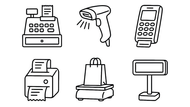 Cash register and payment terminal vector icons for retail business