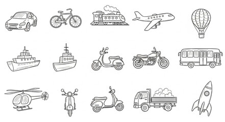 Collection of hand drawn transportation icons in sketch style.