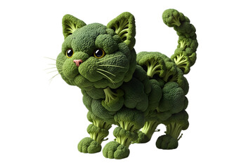 Fototapeta premium Surreal lettuce cat and cute broccoli cartoon character isolated on transparent background, creative conceptual vegetable art symbolizing imagination, nature, and fun design.