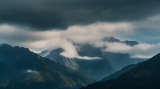 Time-lapse style clouds drifting over dramatic mountain landscape, moody sky, cinematic look, natural color grading, ultra-realistic, 4K resolution, 5&ndash;15 seconds, no people