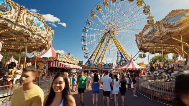 A vibrant carnival scene with a ferris wheel, carousel, and happy people enjoying the summer day, offering pure amusement and excitement.