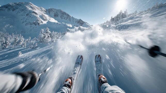 POV skiing downhill with chest mounted action camera wide angle lens snow rushing past in ultra realistic cinematic winter sports scene