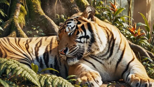 Majestic tiger resting peacefully amidst lush jungle foliage and ancient tree roots