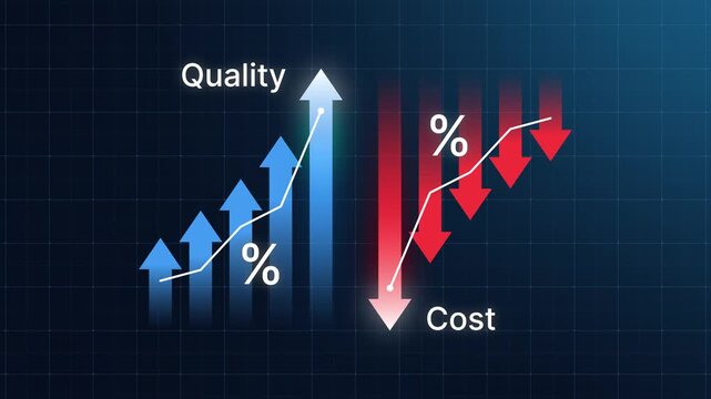 Quality control and company cost reduction concept. Up arrow showing quality improvement, down arrow cost with line graph percentage. Successful business strategy and management